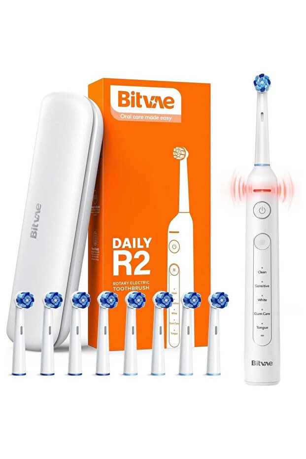 R2 Rotating Electric Toothbrush for Adults with 8 Brush Heads, Travel Case, 5 Modes Rechargeable