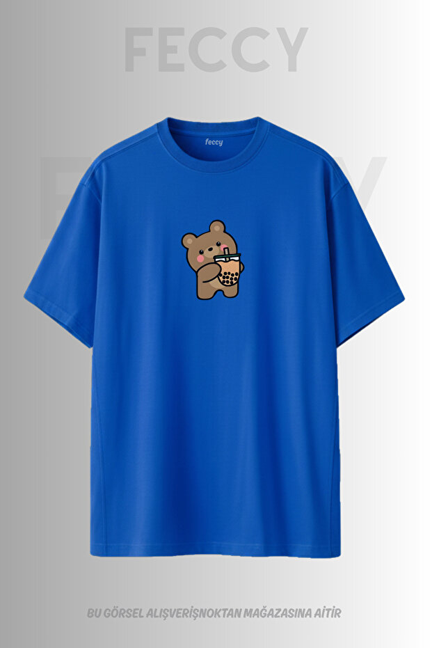 Premium Coffee Drinking Bear Printed Theme Unisex Oversize Women's T-Shirt Men's T-Shirt Cotton Oversize T-Shirt