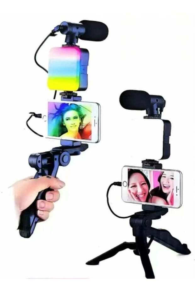AY49 RGB Smartphone Vlogging Kit with Foldable Tripod, Adjustable LED Light & Wireless Microphone – Ideal for YouTube, TikTok, Reels, Live Streaming, Mobile Filming & Content Creation