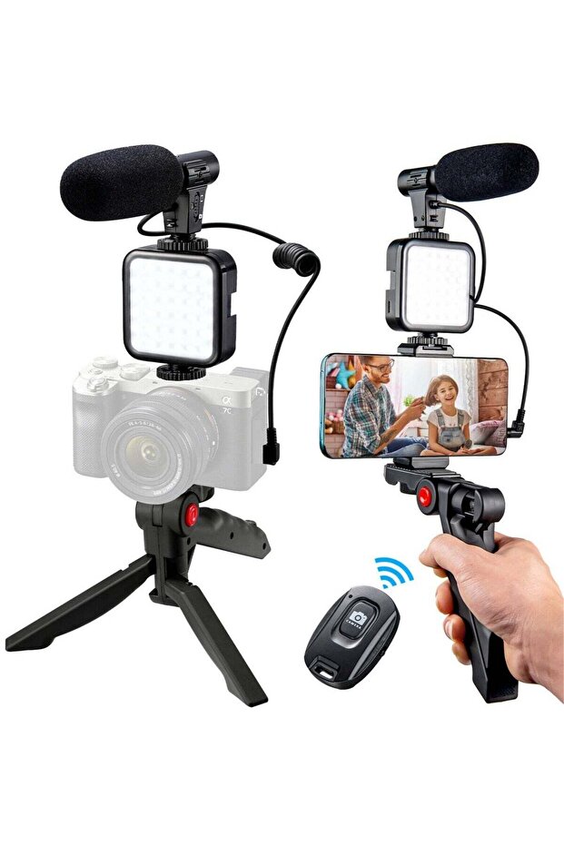 Vlogging"Like Me" LED Video Light + Microphone + Mobile Phone Holder + Hand Grip/Mini Tripod