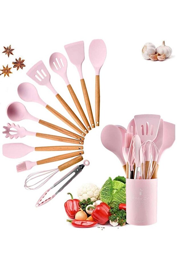 12 Pcs Silicone Cooking Kitchen Utensils Set with Wooden Handles for Nonstick Cookware Pink