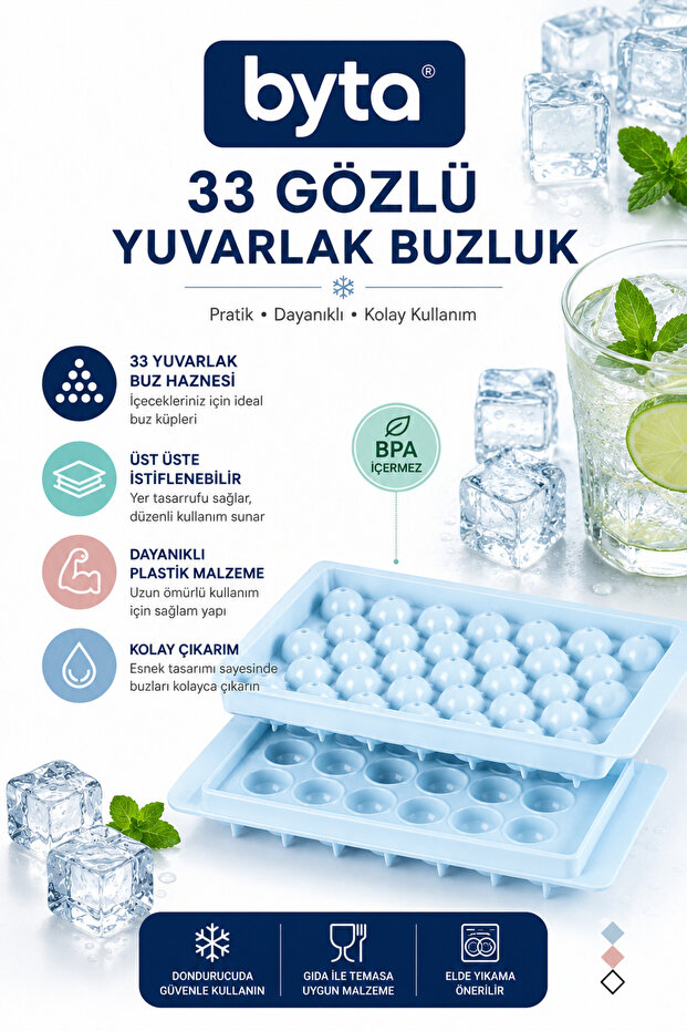 33-Cavity Round Ice Mold - Bpa-Free Plastic Ice Tray, Easy to Remove, Food-Contact Safe Pink White Blue 1 Piece Shipped in Assorted Colors
