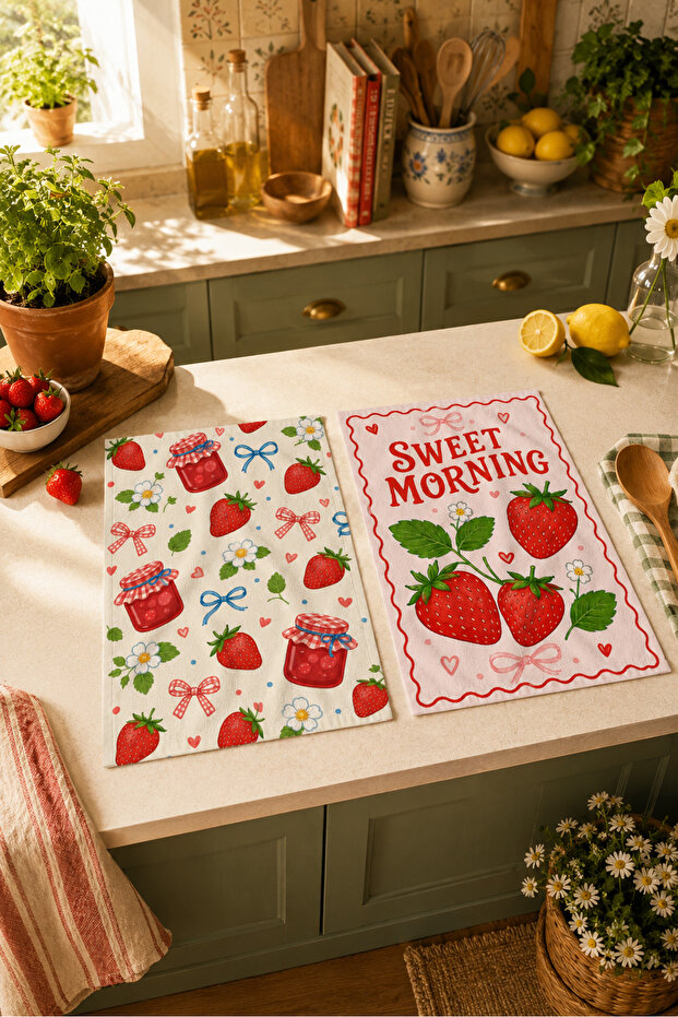 Sweet Morning Strawberry and Fruit Patterned Summer Kitchen Modern Mediterranean 2-Piece Kitchen Towel Set 35X55
