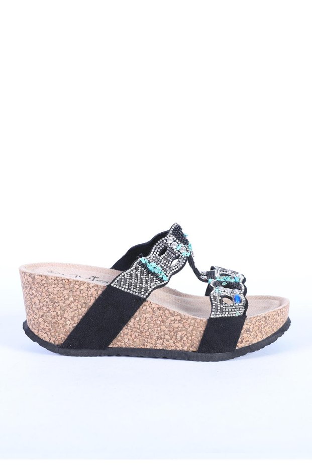 Women's Imported Stone Detailed Wedge Heeled Anatomical Cork Sole Slippers Black
