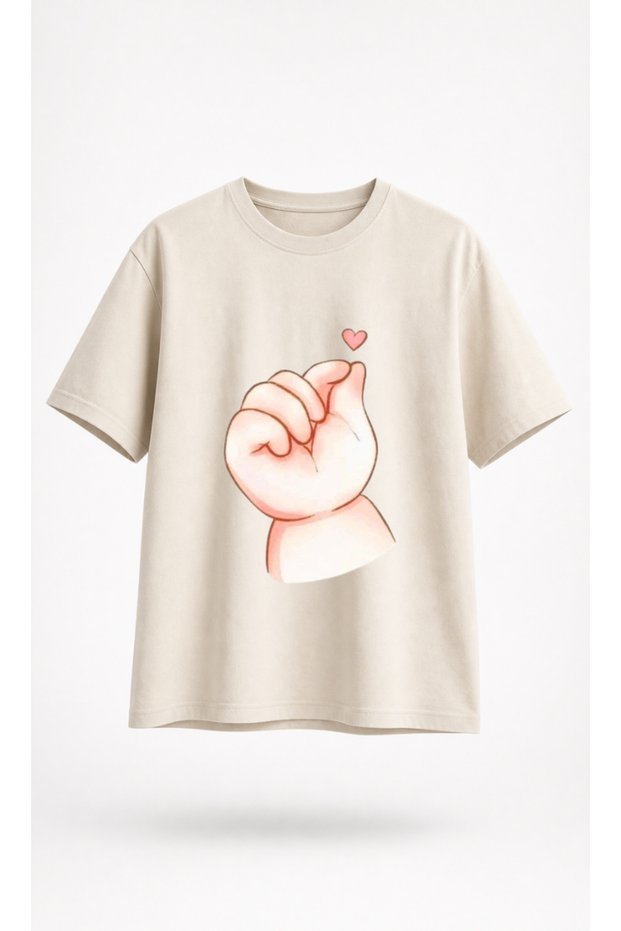 Korean Finger Heart Printed Oversize Ecru T-Shirt