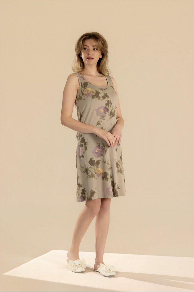 Women's Viscose Pale Floral Patterned Thick Strap Home Dress 9303 Beige