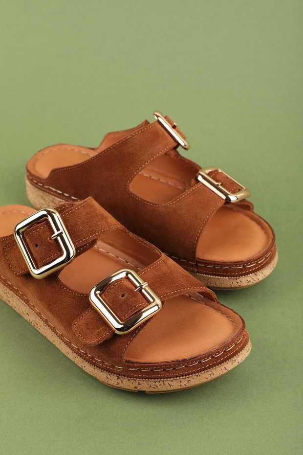 100% Genuine Leather Heel Spur Special Soft Sole Buckle Women's Slippers