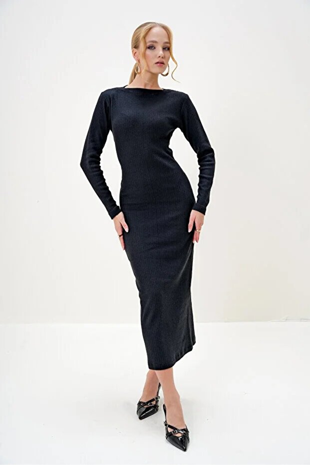 Rochie maxi interlock neagră, basic, cu guler rotund, de damă