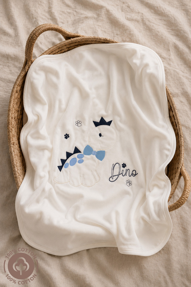 Unisex Baby Dino Embroidered 90x80 Cm Double Layer Cotton Combed Baby Blanket