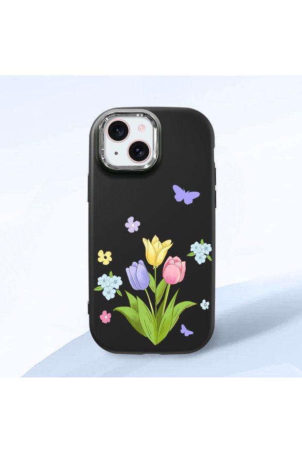 iPhone 15 Compatible Case with Camera Protection Black Silicone Couple Phone Case with Floral Pattern