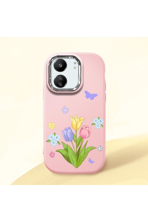 Redmi 13C Compatible Case Camera Protector Pink Silicone Couple Phone Case with Floral Pattern
