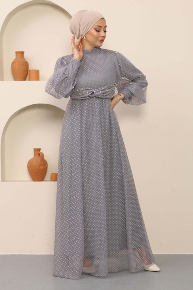 Pearl Detailed Tulle Evening Dress Gray 12238