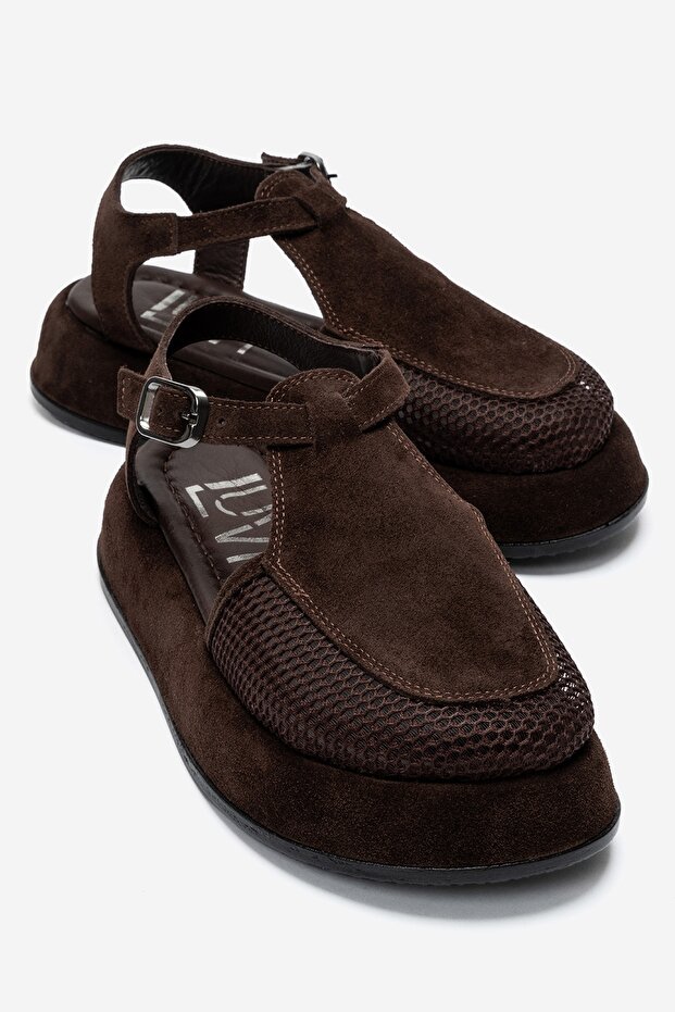 Lurelia Brown Suede Genuine Leather Mesh Women's Sandals