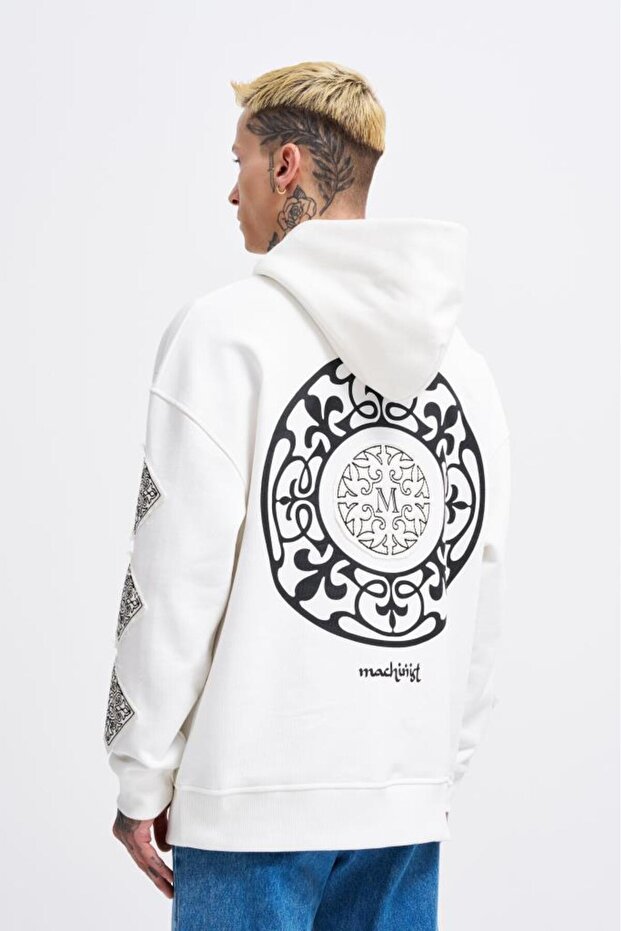 Men's Patched Ethnic Hooded Sweatshirt Ecru