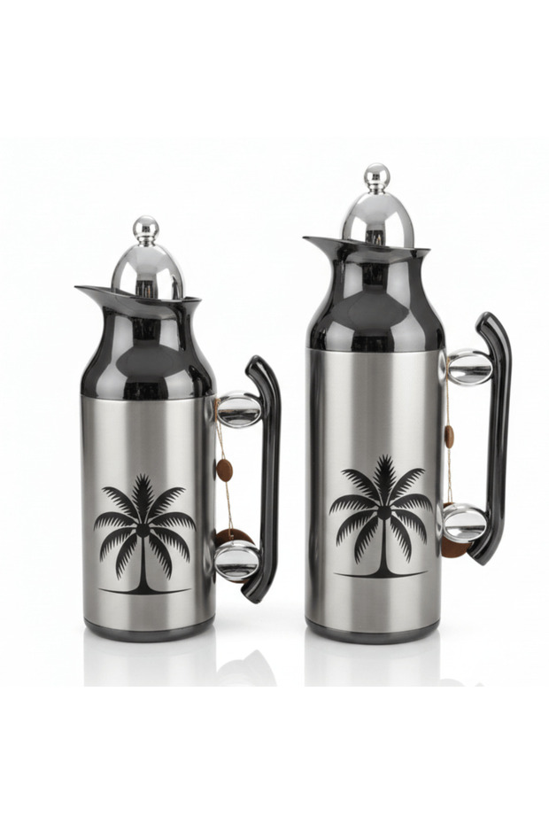 Stainless Steel Vacuum Flask Set | 1 L + 0.7 L | Silver & Black Palm Edition