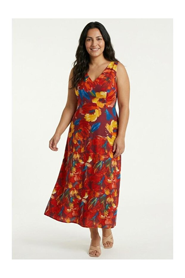 Plus Size Mother Burgundy Floral Patterned Strappy V-Neck Maxi Dress M-3Xl Viscose