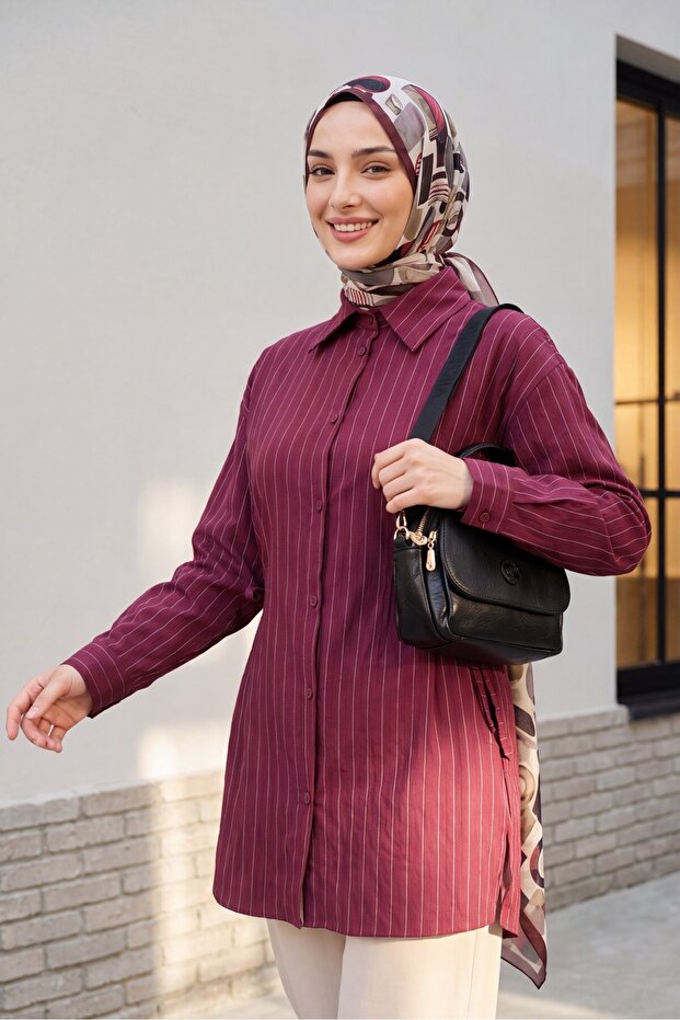 Striped Buttoned Modal Tunic with Side Laces - Burgundy
