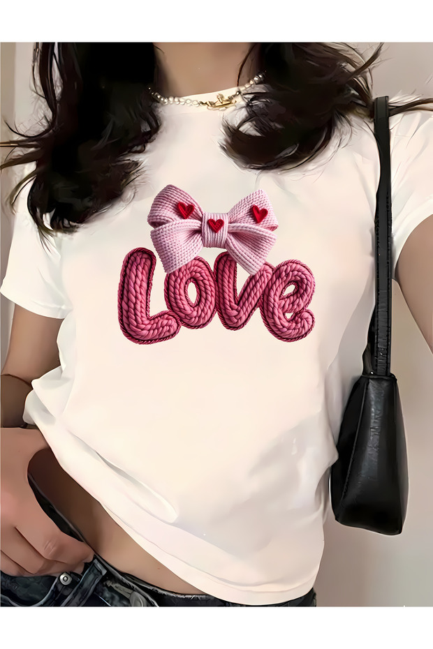 تي شيرت قطني كبير الحجم مطبوع عليه Love Bowknot