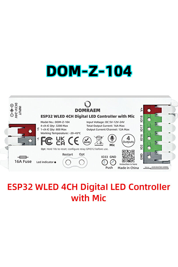 وحدة تحكم ESP32 WLED رباعية القنوات مع ميكروفون، موديل DOMRAEM ESP32، 4 قنوات، 16 أمبير، مزودة بميكروفون، تتفاعل مع الصوت، منخفضة الطاقة، بضمان لمدة سنتين.