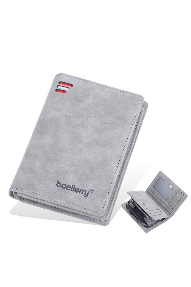 grey Men's Front Pocket Wallet Slim PU Leather Zipper Closure RFID Protection 10 Card Slots Minimali