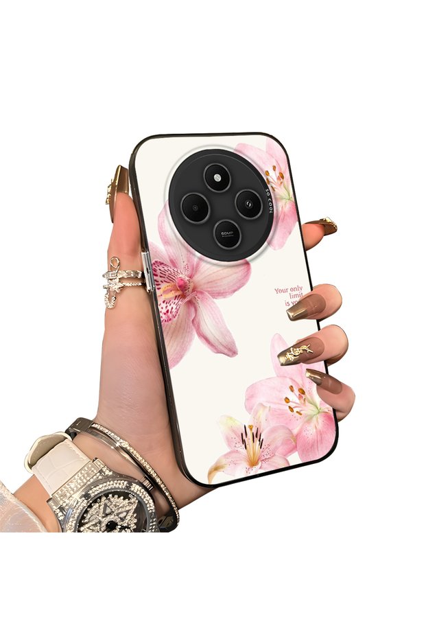 Redmi 14C Compatible Silicone Edge Hard Back Case Couple Phone Case with Floral Pattern