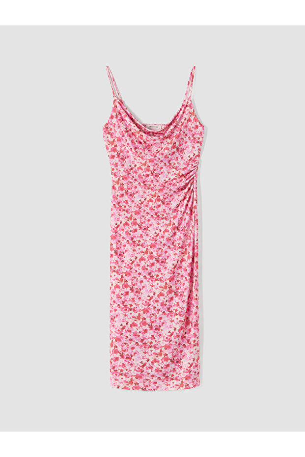 Lcw Vision Pink Draped Collar Drawstring Strap Dress