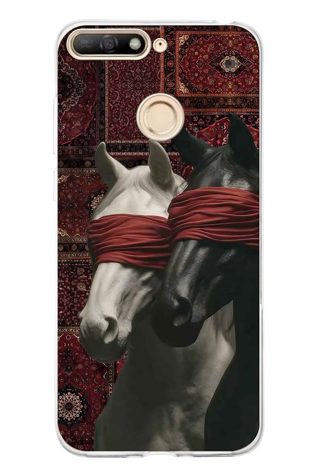 Huawei Y6 2018 Compatible Transparent Phone Case with Carpet Background and Horse Artistic Pattern