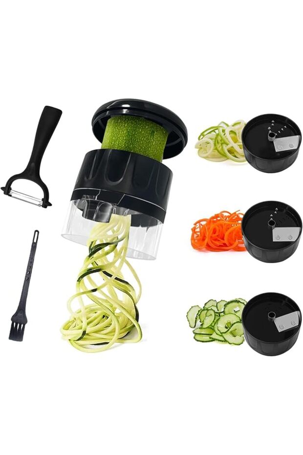 3-in-1 Vegetable Spiralizer Slicer, Adjustable Zucchini Carrot Noodle Maker with Peeler & Brush, Black, Easy to Use Kitchen Tool