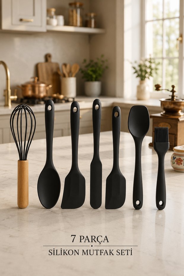 Arel Silicone Kitchen Set 6 Pieces Heat Resistant Spatula Spoon Brush Set + Whisk Gift-Black