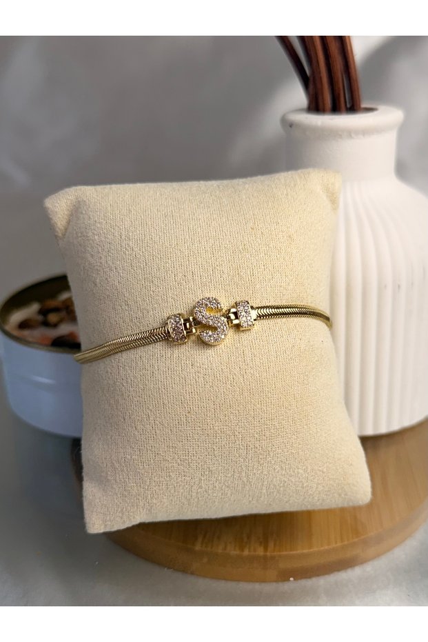 S-Harf Detail Zircon Stone Women's Steel Bracelet