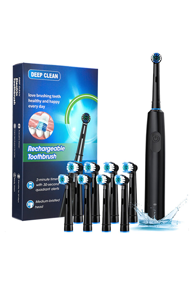 Black 8 heads Rotating Electric Toothbrush Set for Adult Teeth Whitening Teeth Brushes 3D Round Head