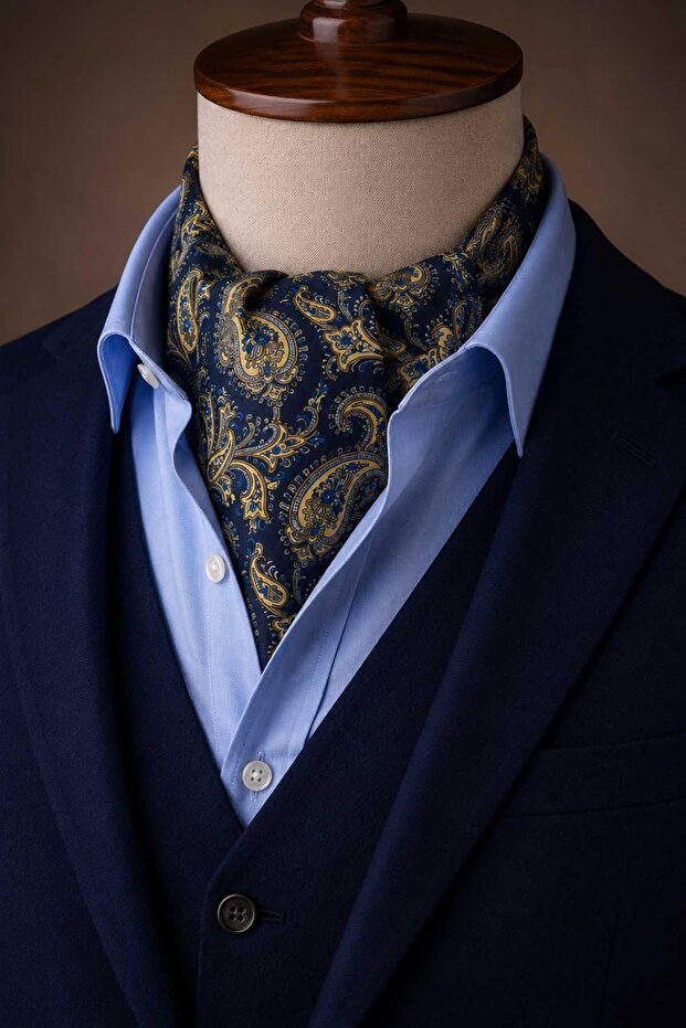 Yellow Navy Blue Shawl Pattern Italian Silk Ascot Tie Sac74