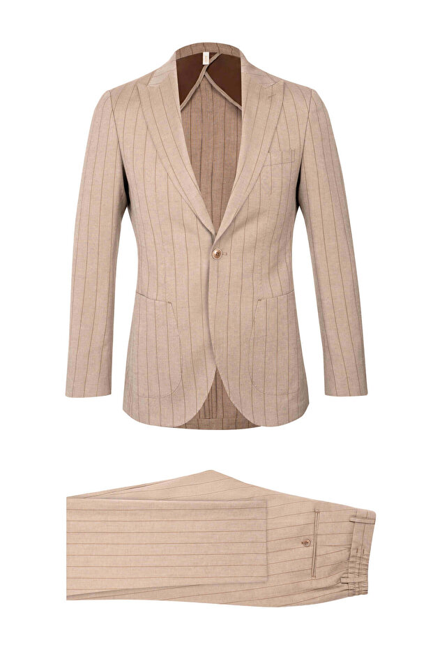 Brown Slim Fit Striped Pointed Collar Linen Casual Suit