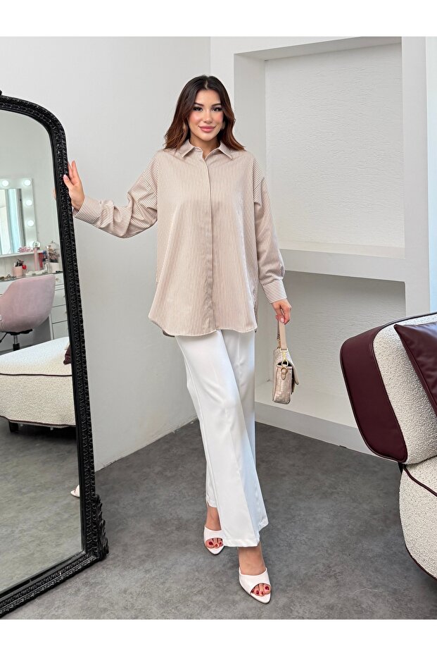 Women's Vertical Striped Shirt Collar Long Sleeve Shirt