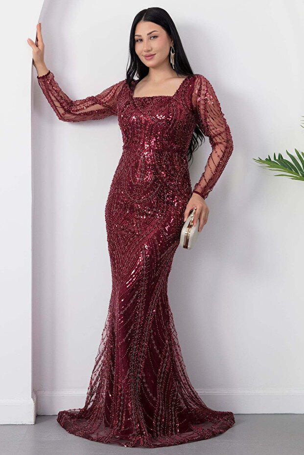 Square Neckline Long Sleeve Beaded Evening Dress 41231