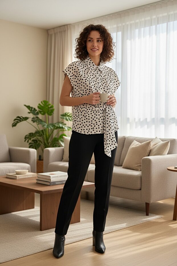 Women's Modal Polka Dot Sleeveless Shirt with Waist Tie Detail