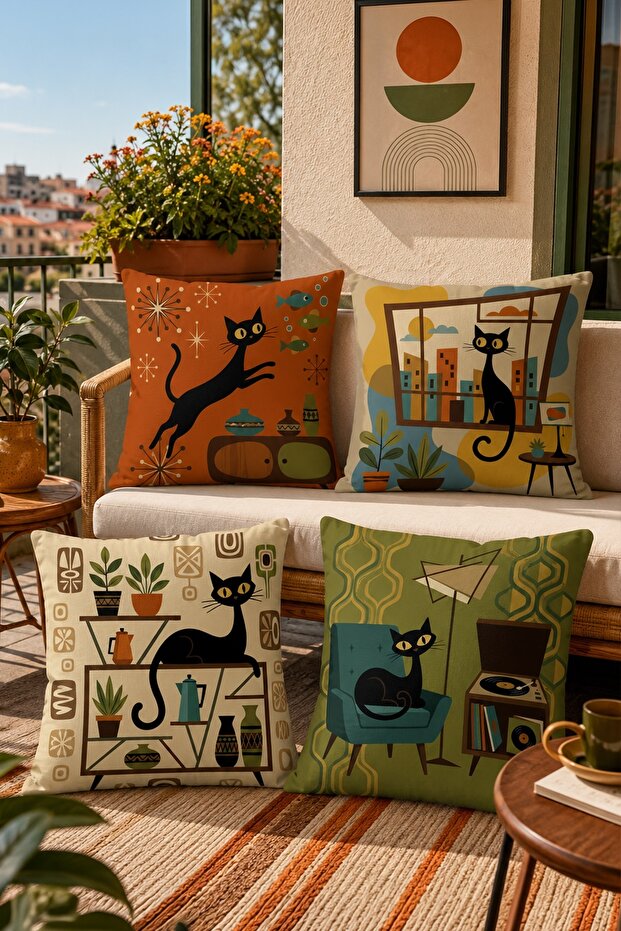 House Cat Patterned 4-Piece Throw Pillow Cover Set