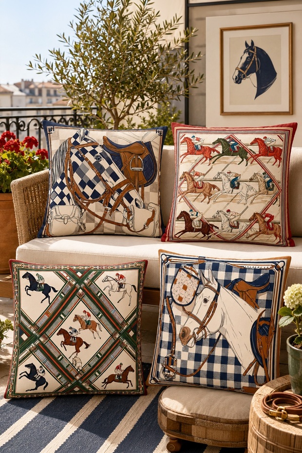 Racing Horses Patterned 4-Piece Throw Pillow Cover Set