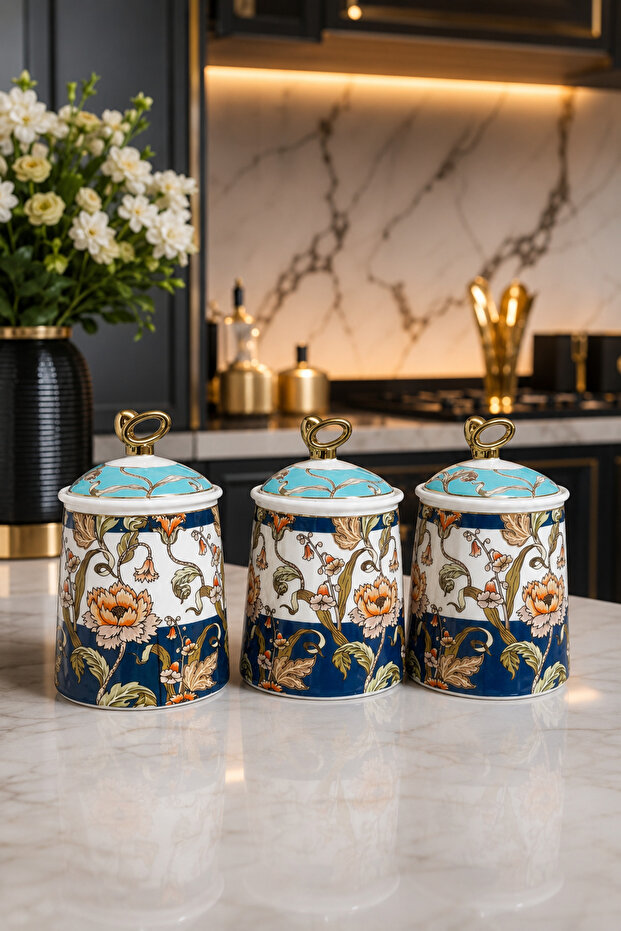 Ceramic Spice Jar Set of 3 with Patterned Lids Kitchen Spice Storage Jars