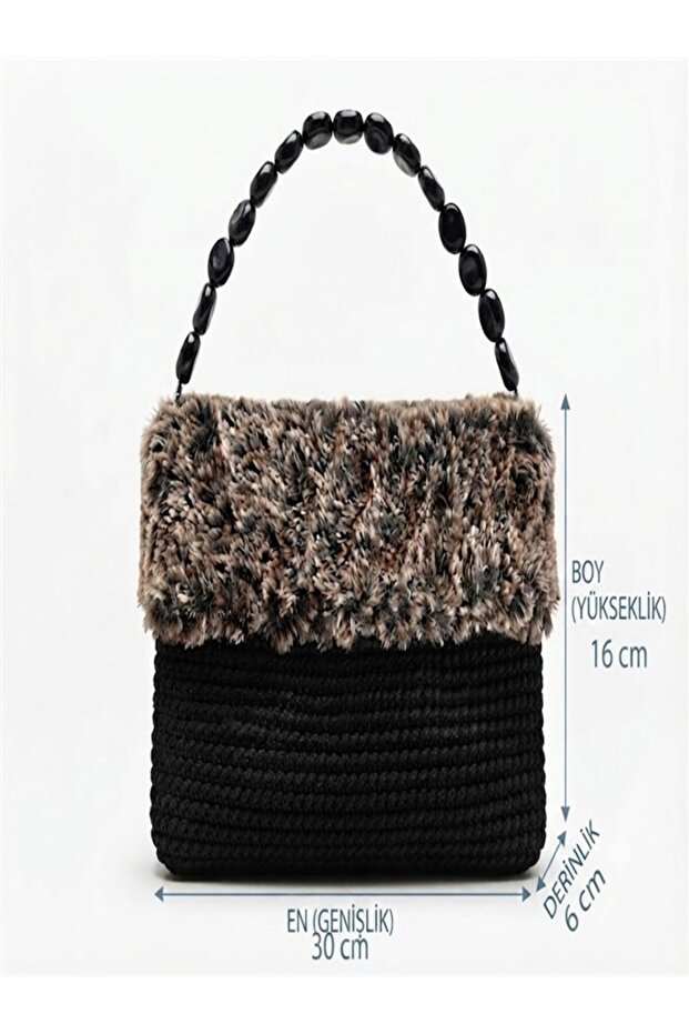 Handmade Black Knitted Bag with Plush Detail - Stylish and Elegant Design