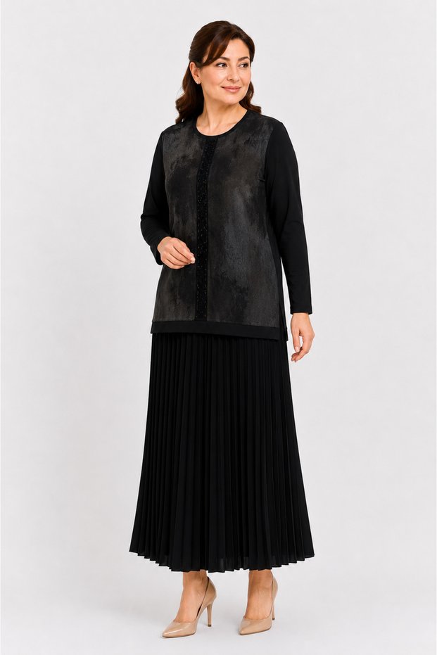 Women's Middle Age and Above Sandy Kupra Fabric Mother Pleated Skirt Blouse Set 1458