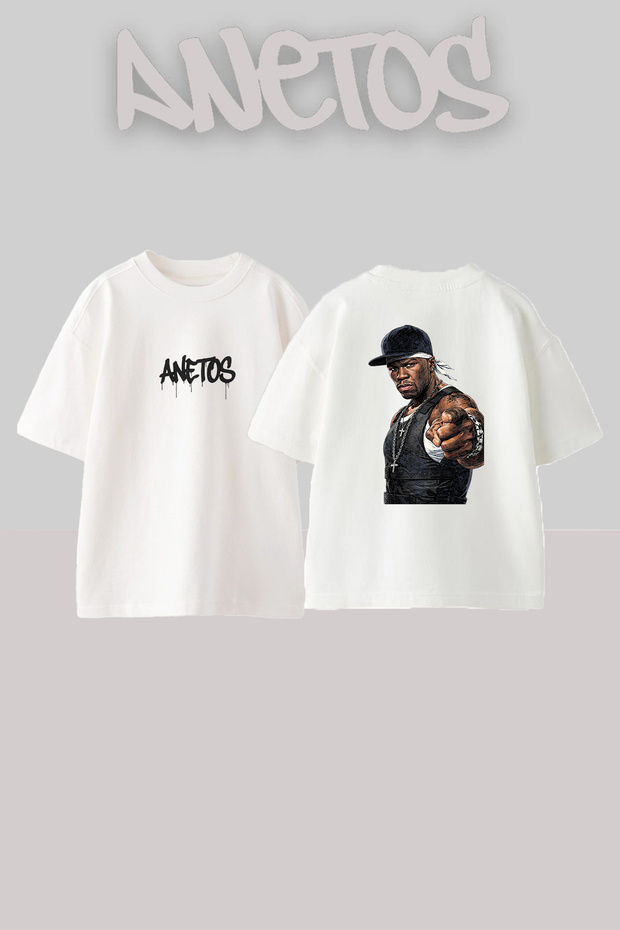 تي شيرت أبيض كبير الحجم مطبوع بتصميم 50 Cent_21 للجنسين