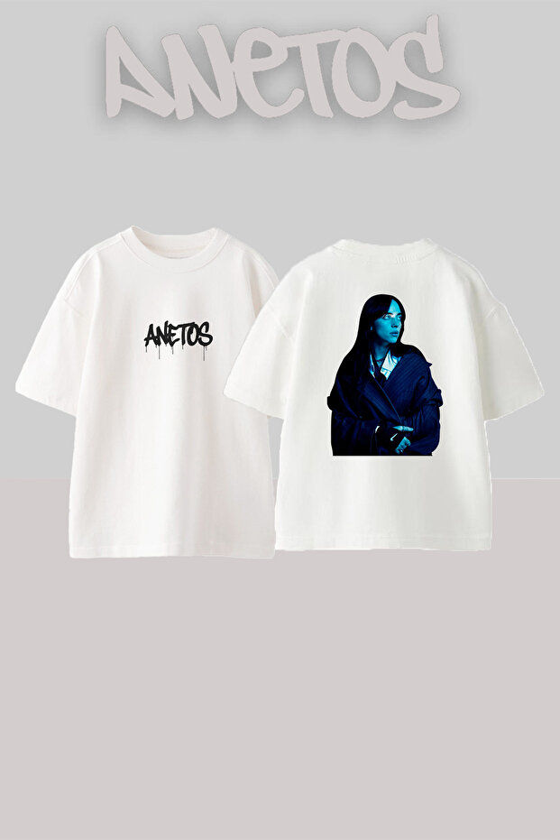 تي شيرت أبيض كبير الحجم مطبوع بتصميم Billie Eilish_109 للجنسين