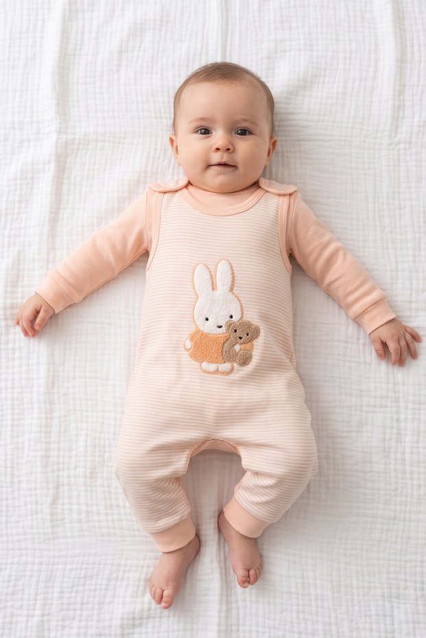 Baby Girl Rabbit Figured Salopet Set with Snap Fasteners, Jumpsuit and Bodysuit 2-Piece Set