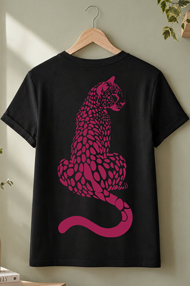 100% Cotton Half Oversize Black T-Shirt with Panther Silhouette Design