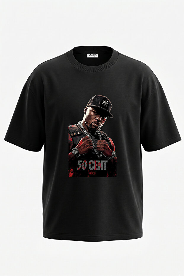 50 Cent_18 Design Printed Unisex Oversize Black Tshirt