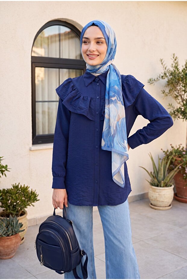 Robadan Ruffled Buttoned Rayon Tunic - Dark Blue