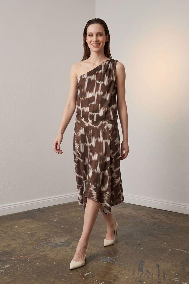 My Fashion Asymmetric Satin Blouse and Midi Skirt Set