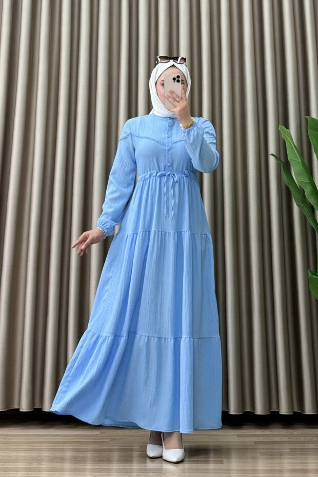 Suede Dress Maya Fabric Women's Blue Openable Buttoned Waist Tie Elastic Sleeves Comfortable Cut Hijab Dress