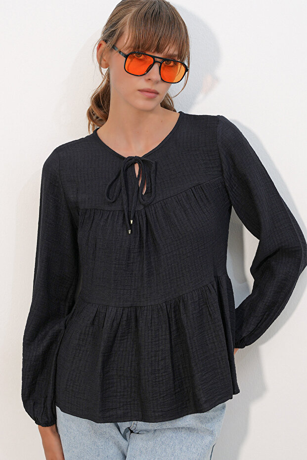 Women's Long Sleeve Textured Blouse 998 - Black